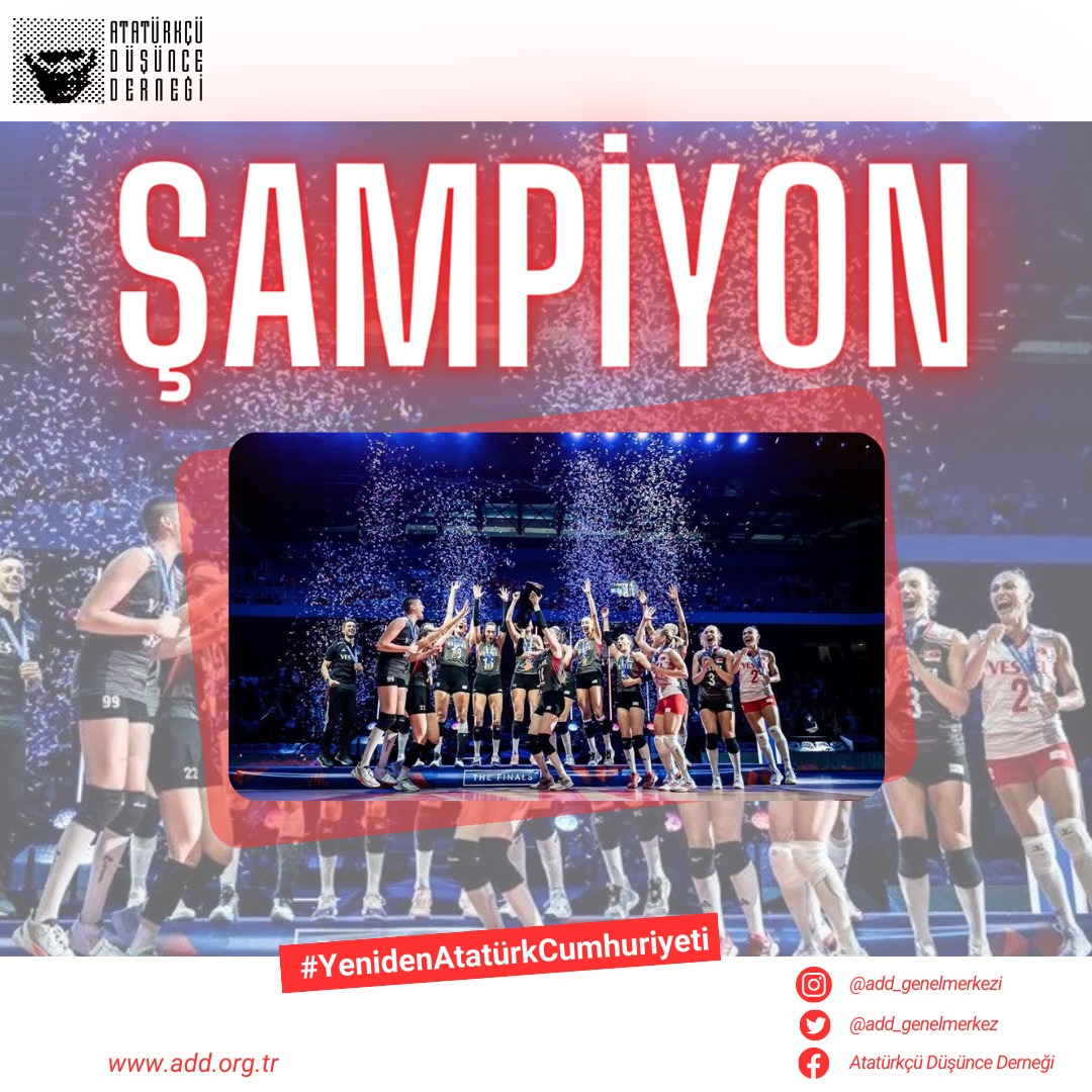 “Ey kahraman Türk kadını! Sen yerde sürünmeye değil, omuzlar üzerinde göklere yükselmeye layıksın”MUSTAFA KEMAL ATATÜRK

Cumhuriyetimizin 100.yılında Milletler Ligi finalinde Çin'i mağlup ederek şampiyonluğa ulaşan A Milli Kadın Voleybol Takımımızı ve teknik ekibimizi kutluyoruz.