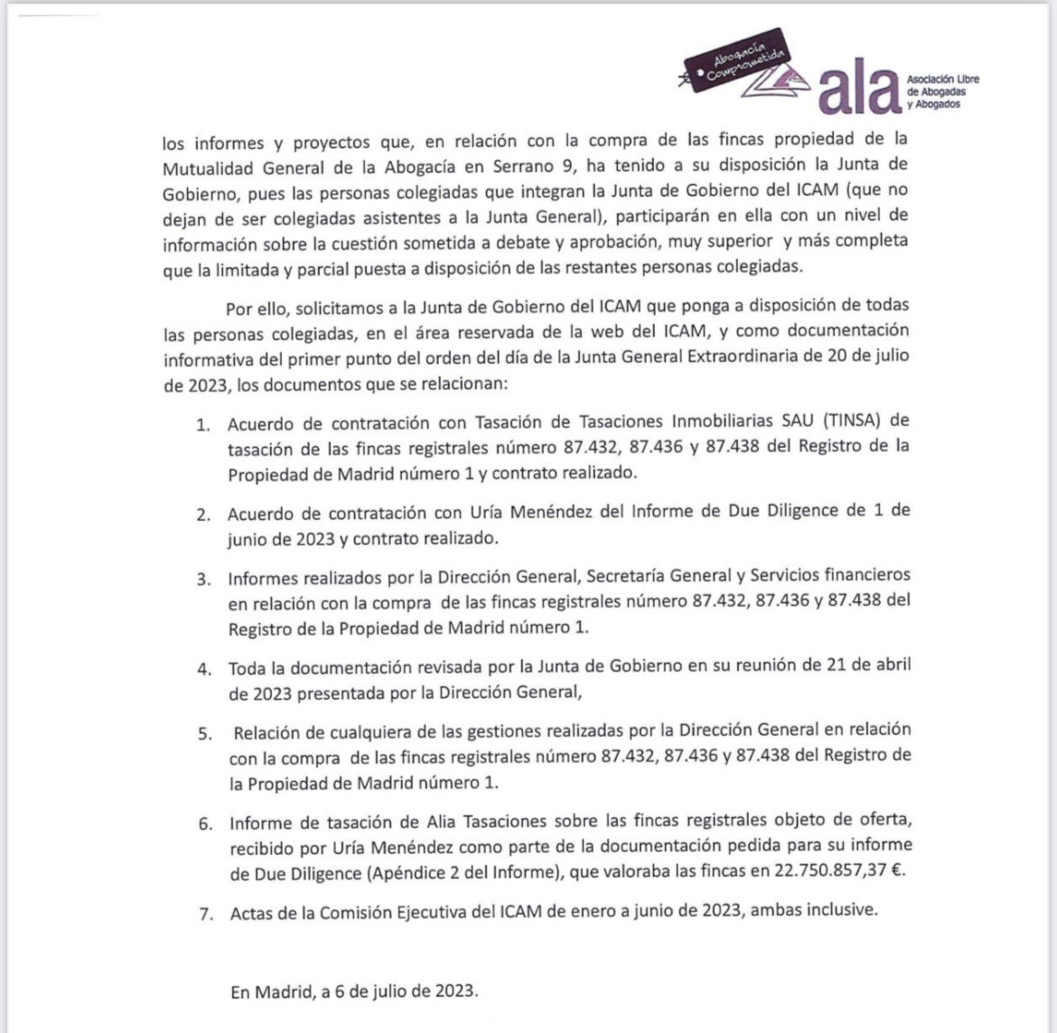 AlaAbog's tweet photo. Esta es la información que pedimos a @icam_es sobre la compra de #Serrano9. Parece ser que al menos parte de la #JuntaGobierno no ha tenido conocimiento de la petición…
#20J #YoVotoNO #AbogacíaComprometida
👇🏼👇🏼👇🏼👇🏼👇🏼 https://t.co/AN9P2AtMgQ
