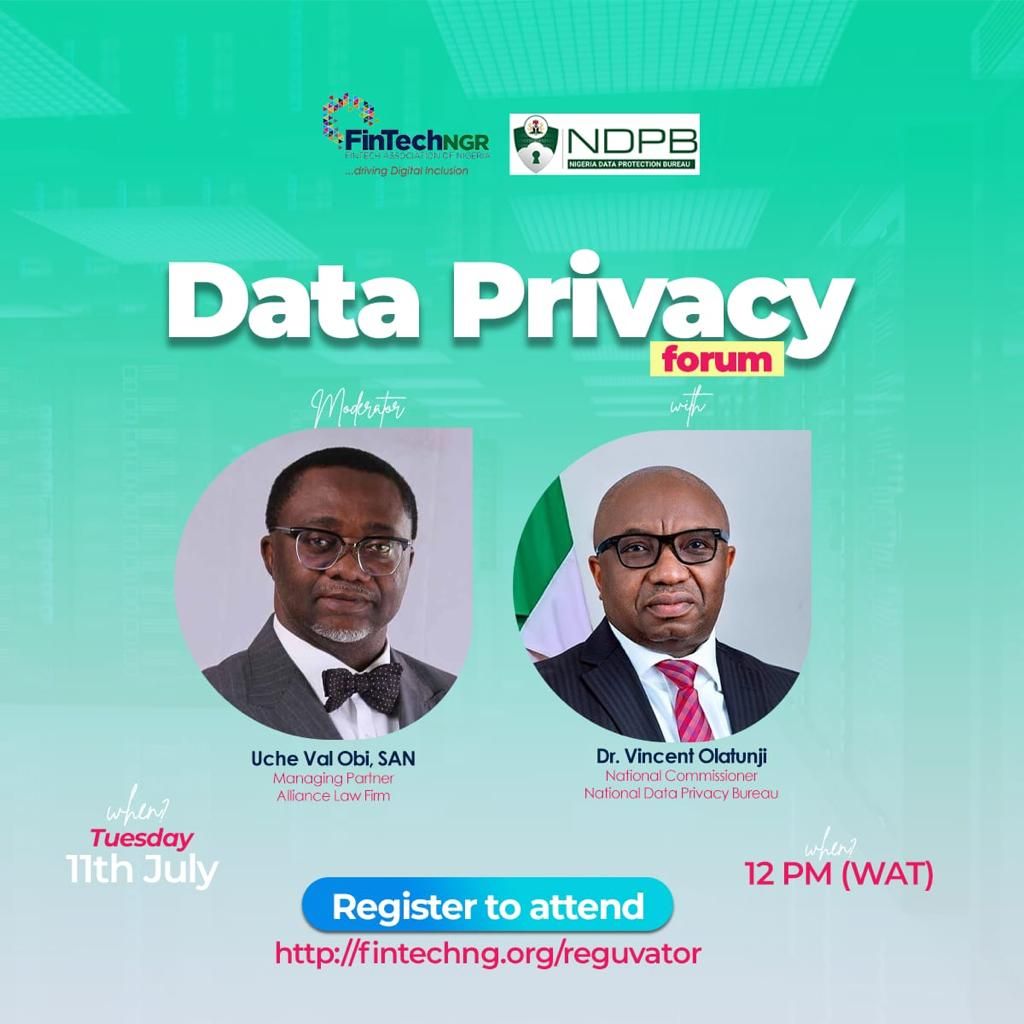 AllianceLF's tweet photo. Mr. Uche Val Obi (SAN), the managing partner of Alliance Law Firm, had the pleasure of moderating a stimulating ‘Data Privacy Forum’ webinar on the 11th of July,, 2023, which was organized by the FintechNGR. The keynote speaker for the webinar was Dr. Vincent Olatunji, https://t.co/FEGOY7JHU9