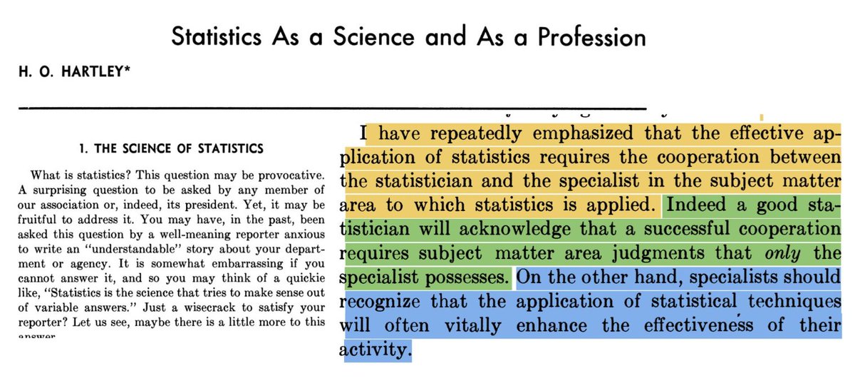 'We must convince our colleagues in other areas that they would be wasting their time dabbling in statistics in an inept do-it-yourself extravaganza.'  (tinyurl.com/fpwj2rna). 

#statstwitter