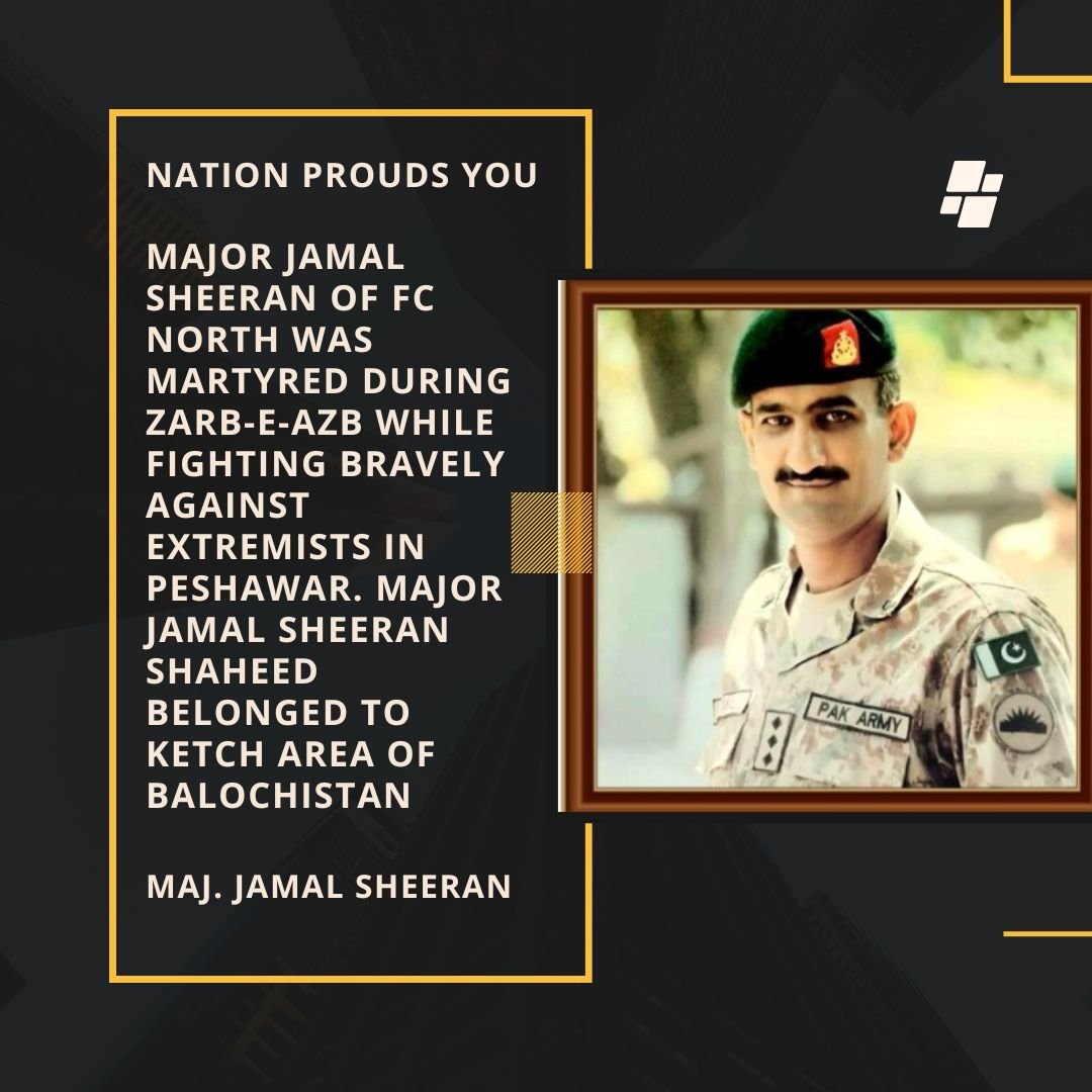 M_Arif61's tweet photo. Today marks the 6th martyrdom anniversary of our beloved Baloch Bhai "Major Jamal Sheran". A valiant officer who dared to defeat the enemies of Pakistan with his blood-&amp;-guts for motherland Pakistan. May Allah give you highest place in Jannah.

#RemembringJamalSheranBaloch https://t.co/saPfysoz8e