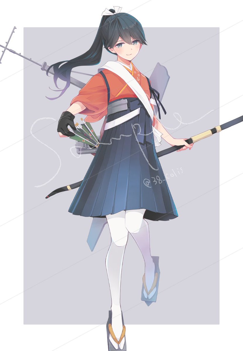 houshou (kancolle) 1girl solo japanese clothes weapon hakama ponytail hakama skirt  illustration images