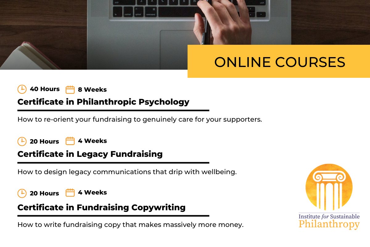 IFSPnews's tweet image. There are places still available and we would love to see you there!
Certificate in PhilPsych, starts Sept 4th 💛
Certificate in Legacy Fundraising, starts Sept 18th💛
Certificate in Fundraising Copywriting, starts Sept 25th 💛
philanthropy-institute.org.uk/fundraising-co…