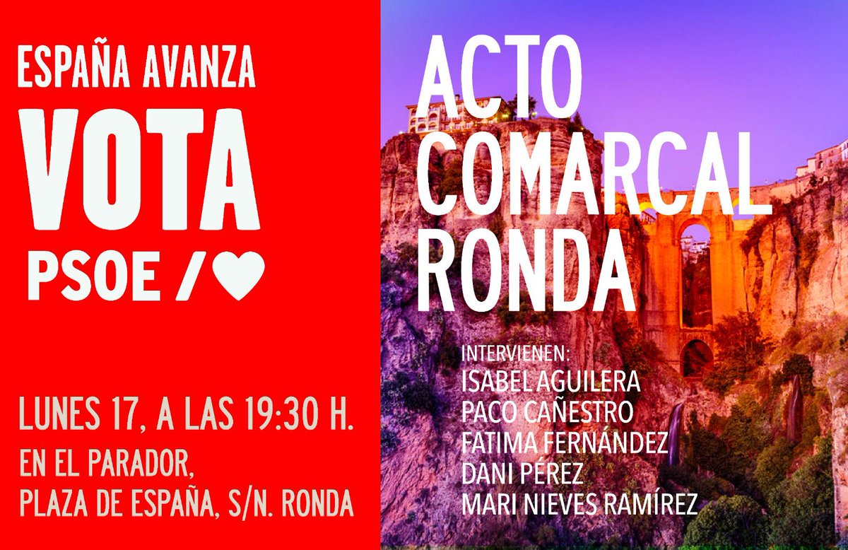 🔻 Hoy tendremos el Acto Comarcal que se celebrará a las 19:00h en el Parador, ¡Os esperamos!🌹

#EspañaAvanza
#VotaPSOE
#23J