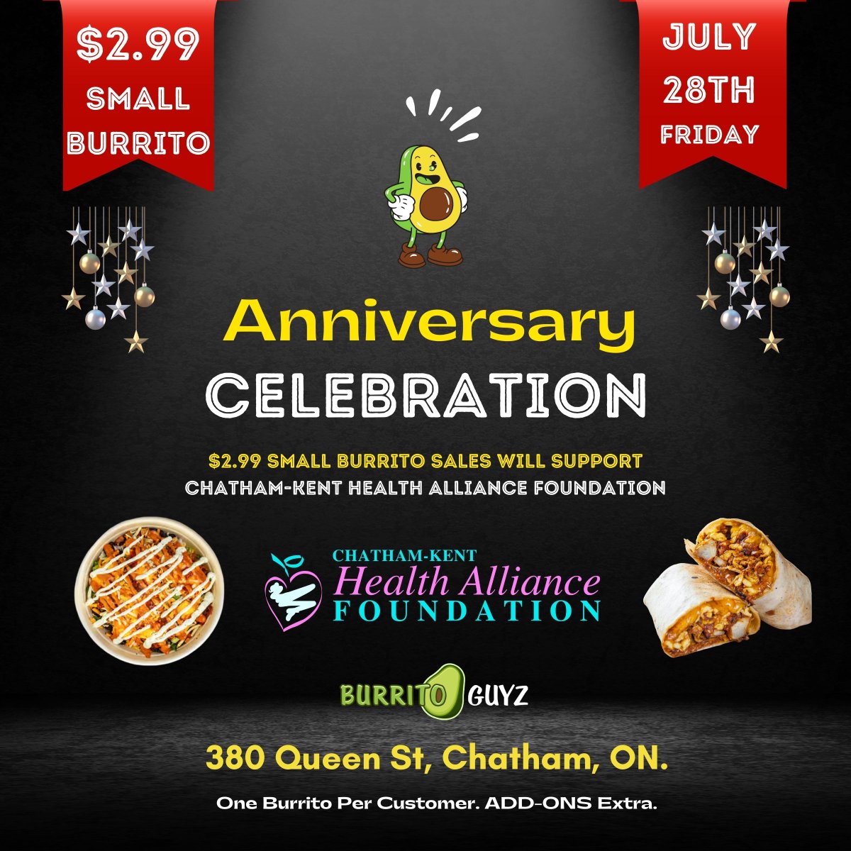 ckhafoundation's tweet photo. Don't miss the 🌯 Burrito Guyz Catham 1st Anniversary Celebration TOMORROW! For 1 day only, Small Burritos will be on sale for only $2.99 (+ tax), and Burrito Guyz will donate the full $2.99 from each sale to the Foundation in support of the Highest Priority Needs at @ckhamedia! https://t.co/SxlzQYVL6E