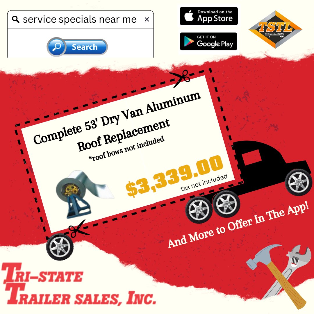 TrailersPGH's tweet photo. 🔧 Need a Roofing Rescue? We've got you covered! Introducing our exclusive offer:

🚛 Complete 53' Dry Van Aluminum Roof Replacement for only $3,339.00! 🛠️

#TriStateTrailerSales
#TractorTrailerService
#TractorTrailerRepair
#TractorTrailerMaintenance
#TractorTrailerFix https://t.co/6EsJWfXhR9