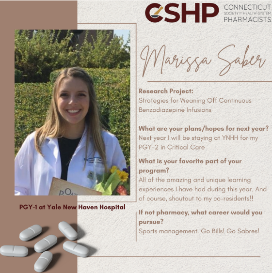 Today we are proud to spotlight resident Marissa Saber! Marissa is a current PGY-1 at Yale New Haven Hospital and will be staying at YNHH for her PGY-2 in Critical Care next year. Read more about Marissa in the graphic. #CSHP #CTPharmacy #CTPharmacists #CTPharmResidents