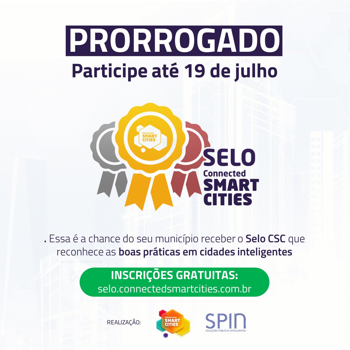 Prazo prorrogado para o Selo Connected Smart Cities! 🏙

O Selo tem o objetivo de incentivar o desenvolvimento e reconhecer as boas práticas em cidades inteligentes.

📅 Agora você tem até o dia 19 de julho para enviar suas informações e evidências: selo.connectedsmartcities.com.br