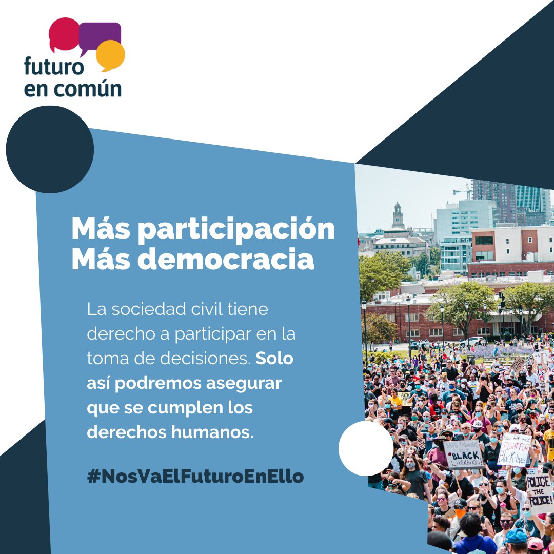 Queremos una sociedad democrática, participativa e incluyente, con: 🧭 🗣️ Participación ciudadana en la toma de decisiones. ⚖️ 👥 Espacios ciudadanos consolidados y amplios. ¡Solo así podemos velar por el cumplimiento de los derechos humanos! #NosVaElFuturoEnEllo