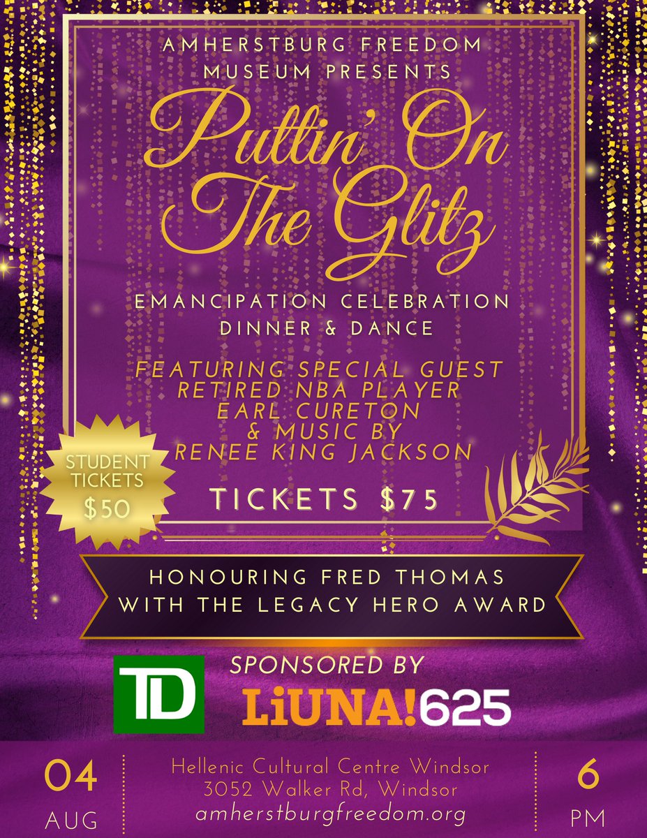 Our Emancipation Celebration is happening August 4th & we will honour the late Fred Thomas with the Legacy Hero Award. There will also be an appearance by retired NBA Player Earl Cureton. Get tickets  at https://t.co/Rvxc4m2Ii5 Thanks to our sponsors TD Amherstburg & 
@liuna625 https://t.co/Xbce5YKXTC