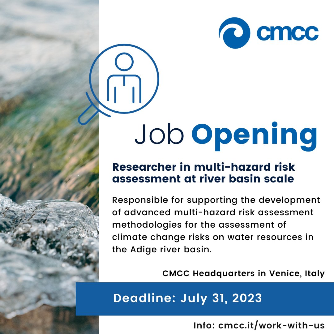 #JobOpening | The RAAS Division is looking for a Post-doc researcher in multi-hazard risk assessment at river basin scale.  

📍 Job location: CMCC headquarters in Venice, Italy
⏰ Deadline for application: July 31, 2023

🔍 More info and application form: ow.ly/QC3c50Paqxo