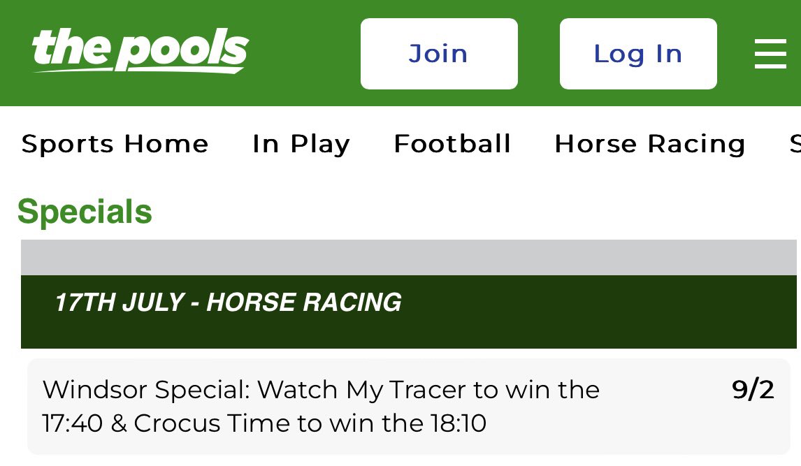 WINDSOR PRICE BOOST 🏇: Watch My Tracer & Crocus Time both to win tonight at Windsor is now 9/2 You can find all of our specials here: bit.ly/3Od1Cpp 18+. BeGambleAware. #Pools #Windsor #HorseRacing