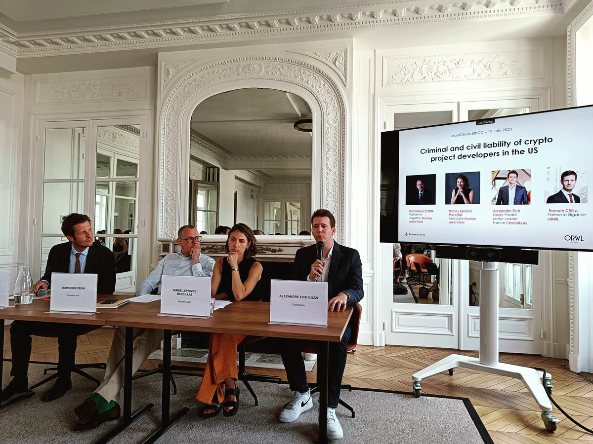 [legalchain_EthCC] Ongoing roundtable about criminal liability of crypto project in the 🇺🇲.

With <a href="/romain_chilly/">Romain Chilly</a> , Dominique Penin + Marie Lepoivre-Marcillat from Kramer and Alexandre Eich-Gozzi (<a href="/chainalysis/">Chainalysis</a> ). 

Glad to organize this event with our friends from @kramerlevin !
