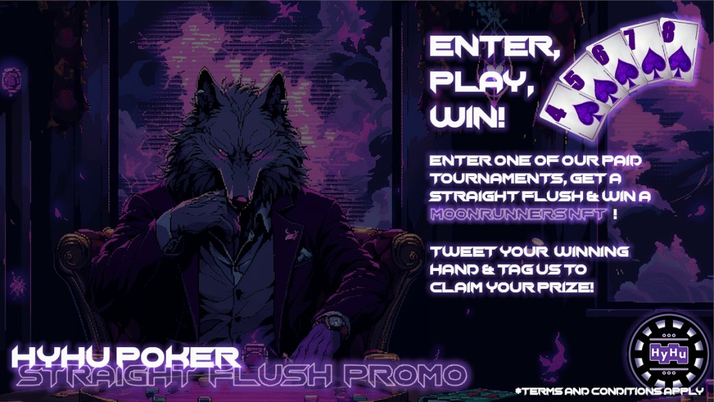 HyHu Network (Poker, Raffles & NFT) (@hyhunetwork) on Twitter photo 🃏DOUBLE PROMO TIME🃏
1⃣ THE FINAL 5
Reach the final 5 in any of our Paid Tournaments & get a free entry into one of our Raffles on hyhuraffles.xyz
2⃣ STRAIGHT FLUSH
Get a straight flush in any of our Paid Tournaments & win a <a href="/MoonrunnersNFT/">Moonrunners</a>
Full details in Discord! 🃏DOUBLE PROMO TIME🃏
1⃣ THE FINAL 5
Reach the final 5 in any of our Paid Tournaments & get a free entry into one of our Raffles on hyhuraffles.xyz
2⃣ STRAIGHT FLUSH
Get a straight flush in any of our Paid Tournaments & win a <a href="/MoonrunnersNFT/">Moonrunners</a>
Full details in Discord!