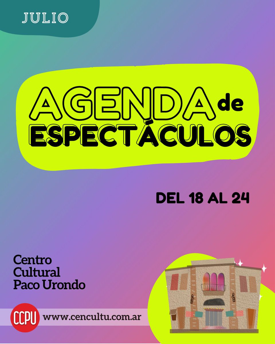 Agenda de espectáculos del 18 al 24 de julio en el Centro Cultural Provincial Francisco “Paco” Urondo en cencultu.com.ar/actividades

Horarios de boletería: de Lunes a viernes 14 a 21 h 🌟 Sábado y domingo de 17 a 21 h.

#Santafe #cultura #agenda #espectáculos