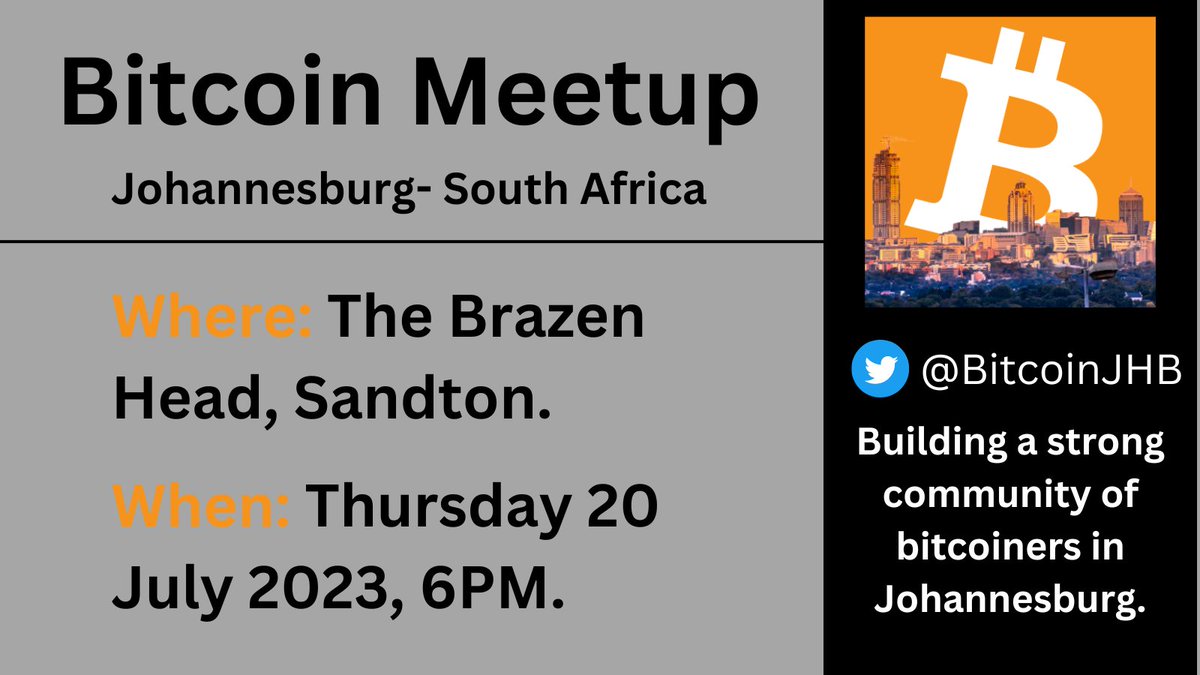 Bitcoin Meetup in Johannesburg 🇿🇦
6PM, Thursday 20 July.
Brazen Head, Sandton:
maps.app.goo.gl/oCd9sTvv9TmsPz…
