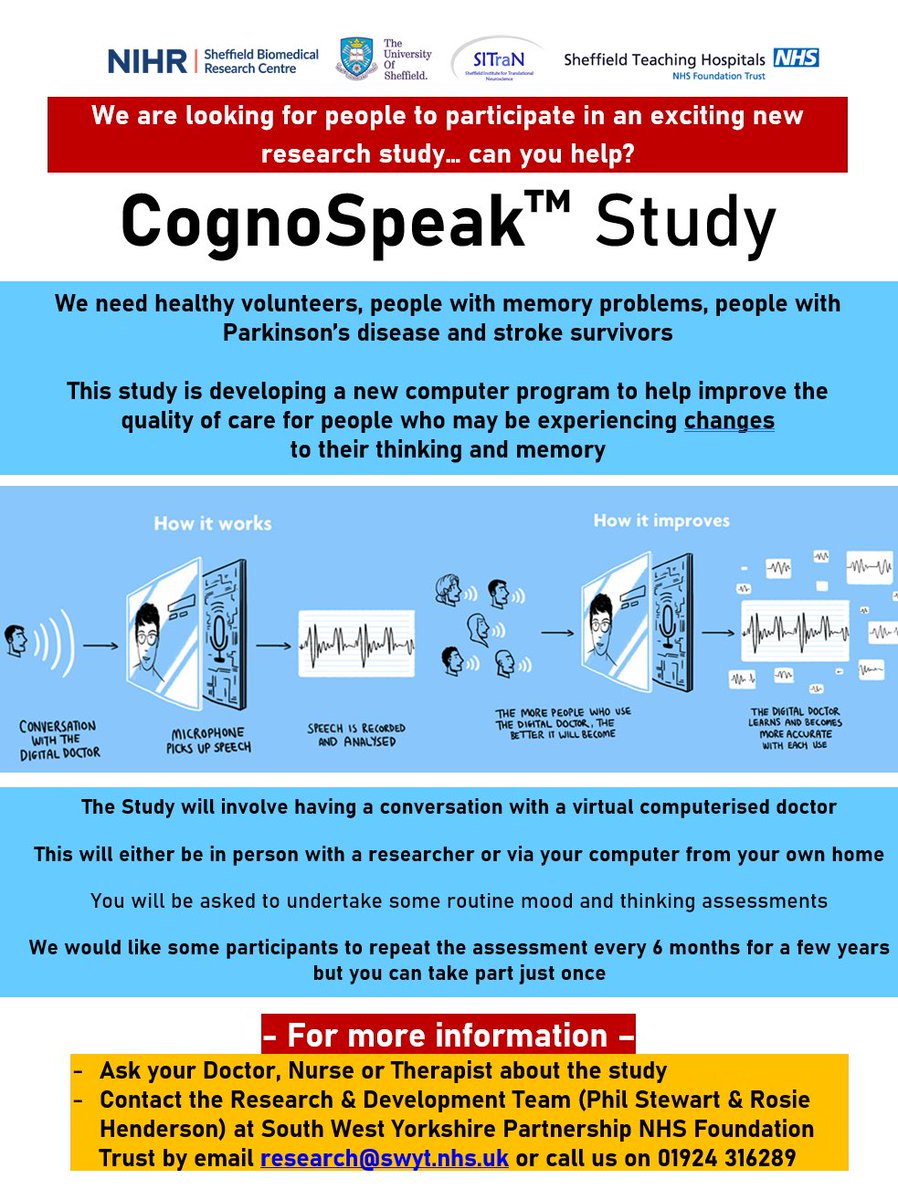 Can you help with our CognoSpeak Study?

We are looking for people with memory problems, people with movement disorders, stroke survivors and healthy volunteers to help us with the study.

See the poster for more details 👇