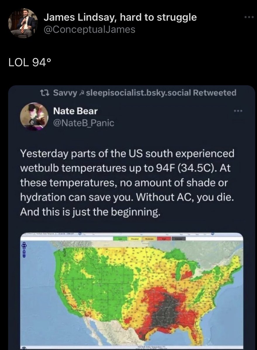 Hadn’t predicted wet bulb temperature specifically as a culture war angle but it’s going to be difficult to explain what it is to a lot of people before they’re dead from hyperthermia because of stuff like this.