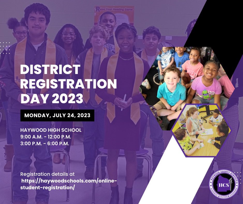 Will your child be new to Haywood for the 2023-24 school year? Online registration is now available for new students &amp; our team will be available on Monday, July 24th at Haywood High from 9:00 a.m. until Noon &amp; 3:00 p.m. until 6:00 p.m.
 
#HCSForward
#HaywoodRePRESENT