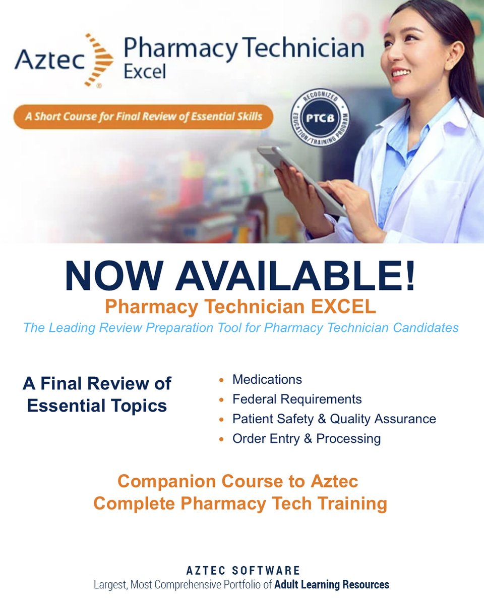 NOW AVAILABLE! Pharmacy Technician EXCEL
Review Preparation Tool for Pharmacy Technician Candidates LEARN MORE:
aztecsoftware.com/pharmtech-exce…
JOIN A PRODUCT WEBINAR:
register.gotowebinar.com/rt/29480143066…
#EmployabilitySolutions #WorkforceDevelopment #CareerPathways #PharmTech #PharmacyTechTraining