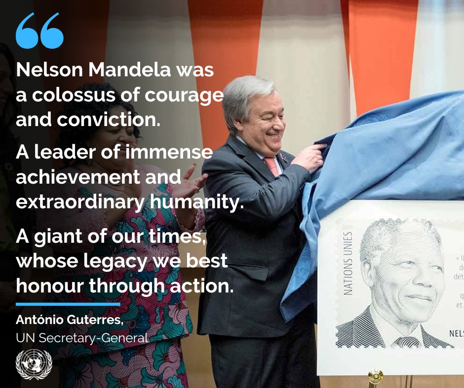 UNGeneva's tweet photo. “Nelson Mandela was a colossus of courage and conviction.

A leader of immense achievement and extraordinary humanity.

A giant of our times, whose legacy we best honour through action.” – @antonioguterres on the #NelsonMandelaDay https://t.co/QoPusfXHx0