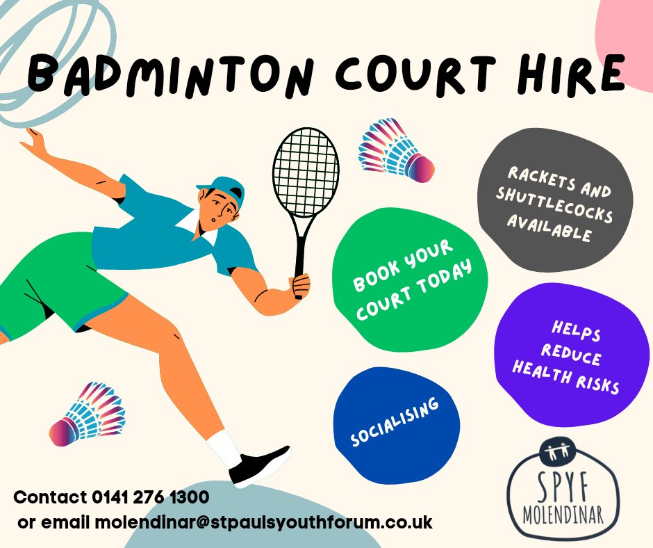 SPYFMolendinar's tweet photo. Badminton Courts available to hire at @SPYFMolendinar 
Community Centre, all equipment provided. Regular evening and afternoon slots available, just call 0141 276 1300, and speak to one of our  friendly staff.
#badminton #SPYF #fitness https://t.co/t4z4m7oqbE