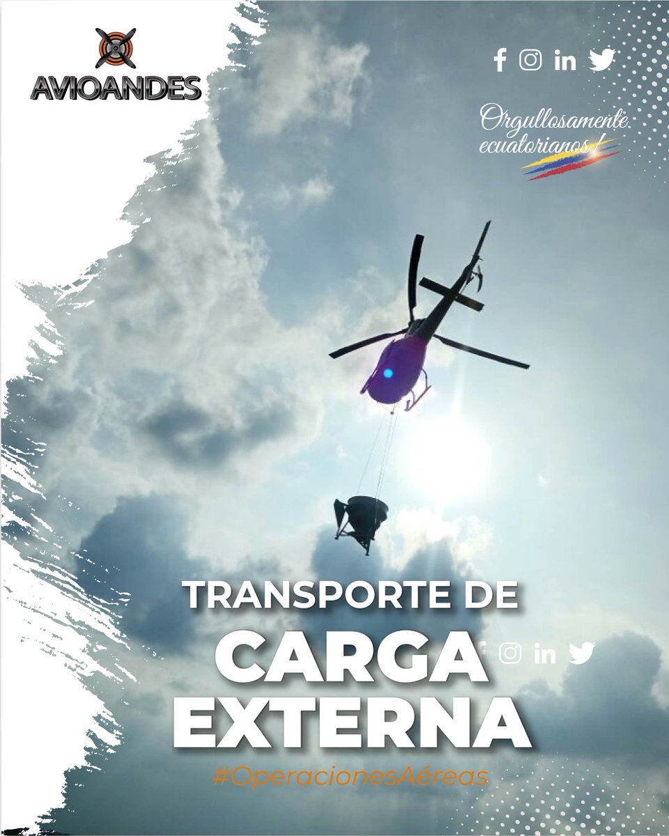 📍𝗢𝗣𝗘𝗥𝗔𝗖𝗜𝗢𝗡𝗘𝗦 𝗗𝗘 𝗖𝗔𝗥𝗚𝗔 𝗘𝗫𝗧𝗘𝗥𝗡𝗔 🚁
En nuestras aeronaves #AS350 aptas para la geografía ecuatoriana. Línea larga y corta para fácil acceso a sitios donde el acceso terrestre no es posible.
#Avioandes #cargaexterna #helicopteros #ecuatorianos