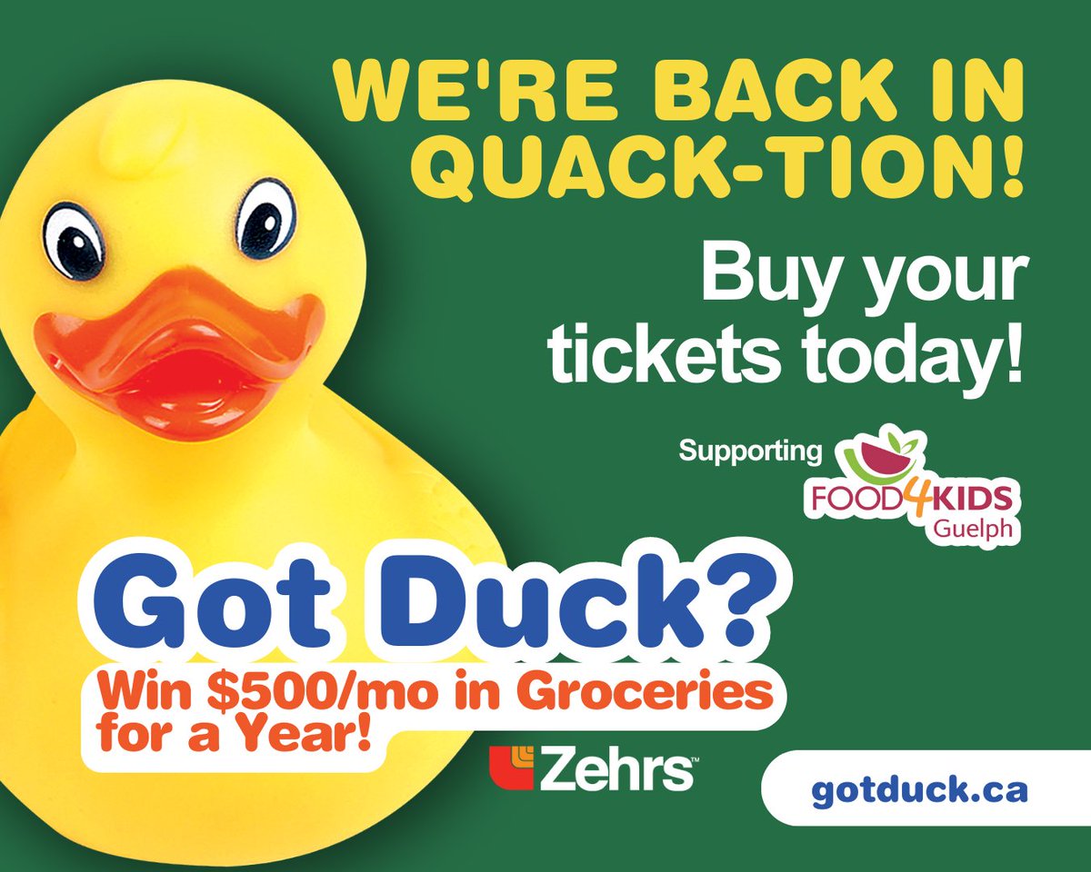 GotDuckGuelph's tweet photo. #GotDuck 2023 ๐ฆ tickets are on sale now! ๐ฅณ Buy 1 for $15; 4 for $50; or 10 for $100 @ https://t.co/imiNSIctQt. All proceeds going to @Food4kidsGuelph! You could win $500/month in groceries for a year and other great prizes! Check them out at https://t.co/TGRM6SrR04. https://t.co/gFvCA4wrCs
