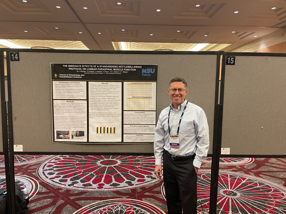 UCF_DPT's tweet photo. Dr. Hanney presenting a poster at the NSCA conference on "The Immediate Effects of a Standardized Kettlebell Swing Protocol on Lumbar Paraspinal Muscle Functions" with alumni Gabe Collado, Allison Palmer, Andrew Perez, and contributing author Dr. Wilson. They are all #whyUCFDPT! https://t.co/DFdJsTUKvZ