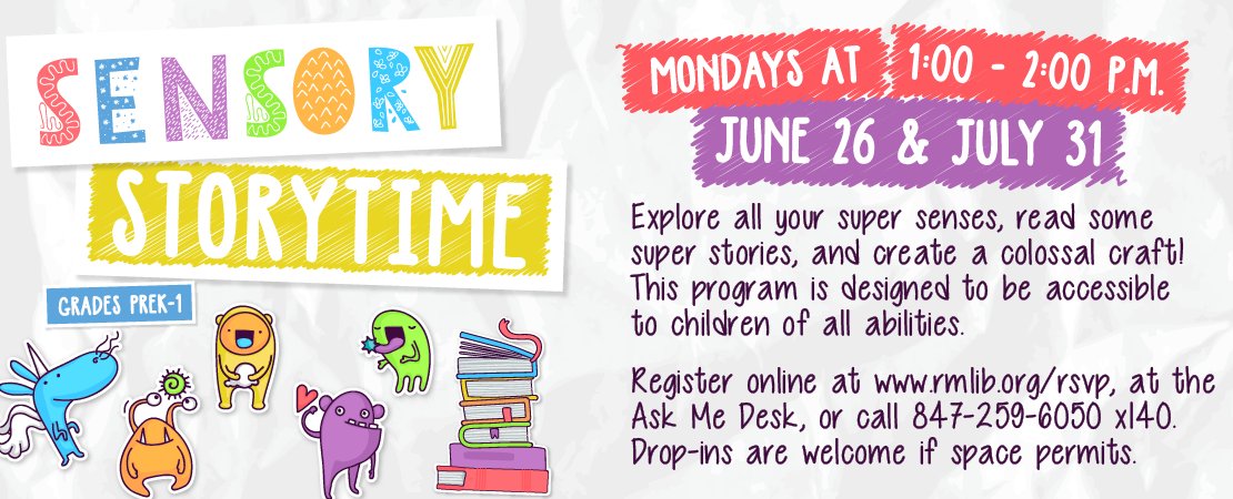 RollingMdwsLib's tweet photo. Sensory Storytime
Grades: PreK - 1
Sign-up: https://t.co/nTN08McS4l
Monday, July 31st | 1:00 - 2:00 p.m.
Explore all your super senses, read some super stories, and create a colossal craft!
This program is designed to be accessible to children of all abilities. https://t.co/gteeoJoLor