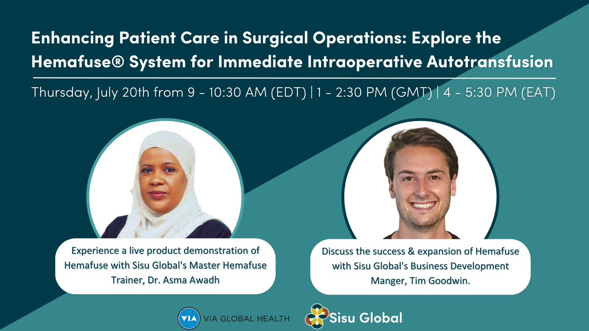 The webinar includes a live product demonstration with Master Hemafuse Trainer, Dr. Asma Awadh transition to scale with VIA Global Health &amp; Sisu Global Business Development Manager, <a href="/TimothyGoodwin1/">Timothy Goodwin</a>, and a live Q&amp;A session to follow. 

Register to attend: register.gotowebinar.com/register/50507…