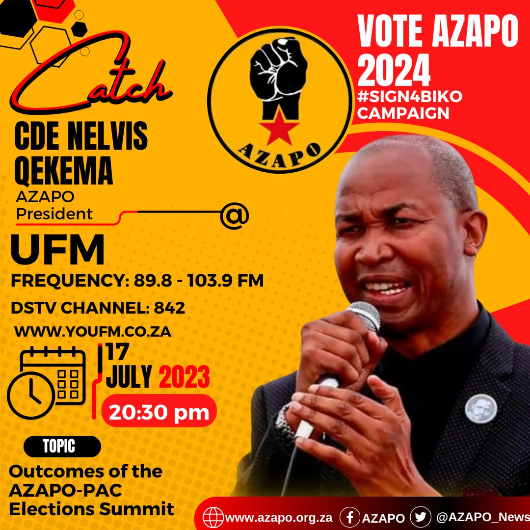 Catch the <a href="/AZAPO_News/">AZAPO</a> President <a href="/Nelvis_Qekema/">Nelvis Qekema</a> on <a href="/YOUFM898/">#InTuneWithYOU</a> discussing the outcomes of the AZAPO-PAC Elections Summit.
#SIGN4BIKO

<a href="/MyPAConline/">Pan Africanist Congress of Azania (PAC)</a>