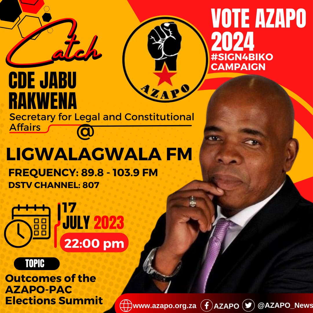 Catch the <a href="/AZAPO_News/">AZAPO</a> Secretary for Legal and Constitutional Affairs <a href="/JabuRakwena/">Jabu_raks</a> on <a href="/ligwalagwalaFM/">Ligcabho Lesive</a> discussing the outcomes of the AZAPO-PAC Elections Summit.

#SIGN4BIKO

<a href="/MyPAConline/">Pan Africanist Congress of Azania (PAC)</a>