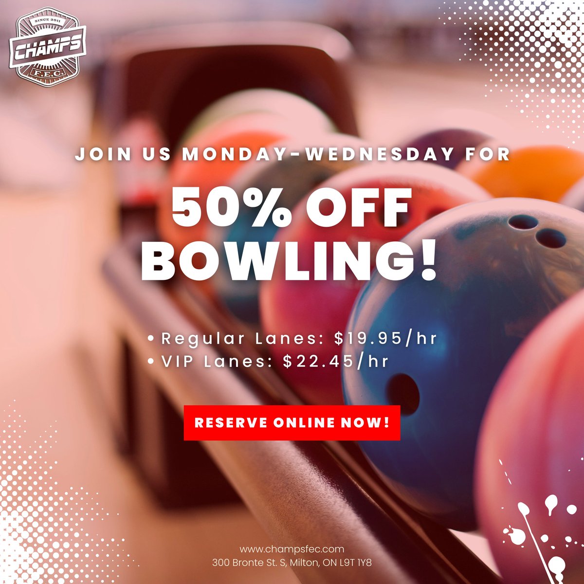 ChampsFEC's tweet photo. Head down to CHAMPS with the kids today, tomorrow and Wednesday and keep more money in your pocket with our Half Off Bowling Promotion๐
Happy Monday everyone!
Reserve your bowling lane online:
https://t.co/pdaMrbEro8
#CHAMPSMilton #MiltonON #milton #miltonont #miltonontario https://t.co/q1dwHv5jeA