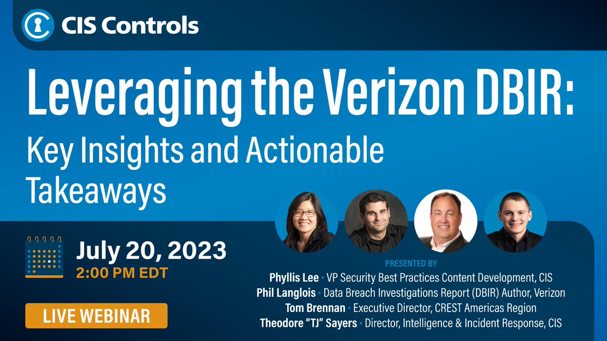 Join @CISecurity, @VZDBIR, and @CRESTadvocate for a webinar on July 20 to discuss key insights and actionable takeaways from the recently released Verizon 2023 DBIR report. Register today here. bit.ly/44lHyXr #DBIR #cybersecurity #CISControls