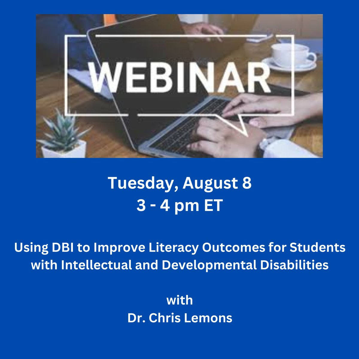 TheNCII's tweet image. Have you ever wondered how to use DBI to improve literacy outcomes for students with intellectual and developmental disabilities? Then there&apos;s a webinar for you on August 8, 3-4pmET, with Dr. Chris Lemons! Register here: air-org.zoom.us/webinar/regist…