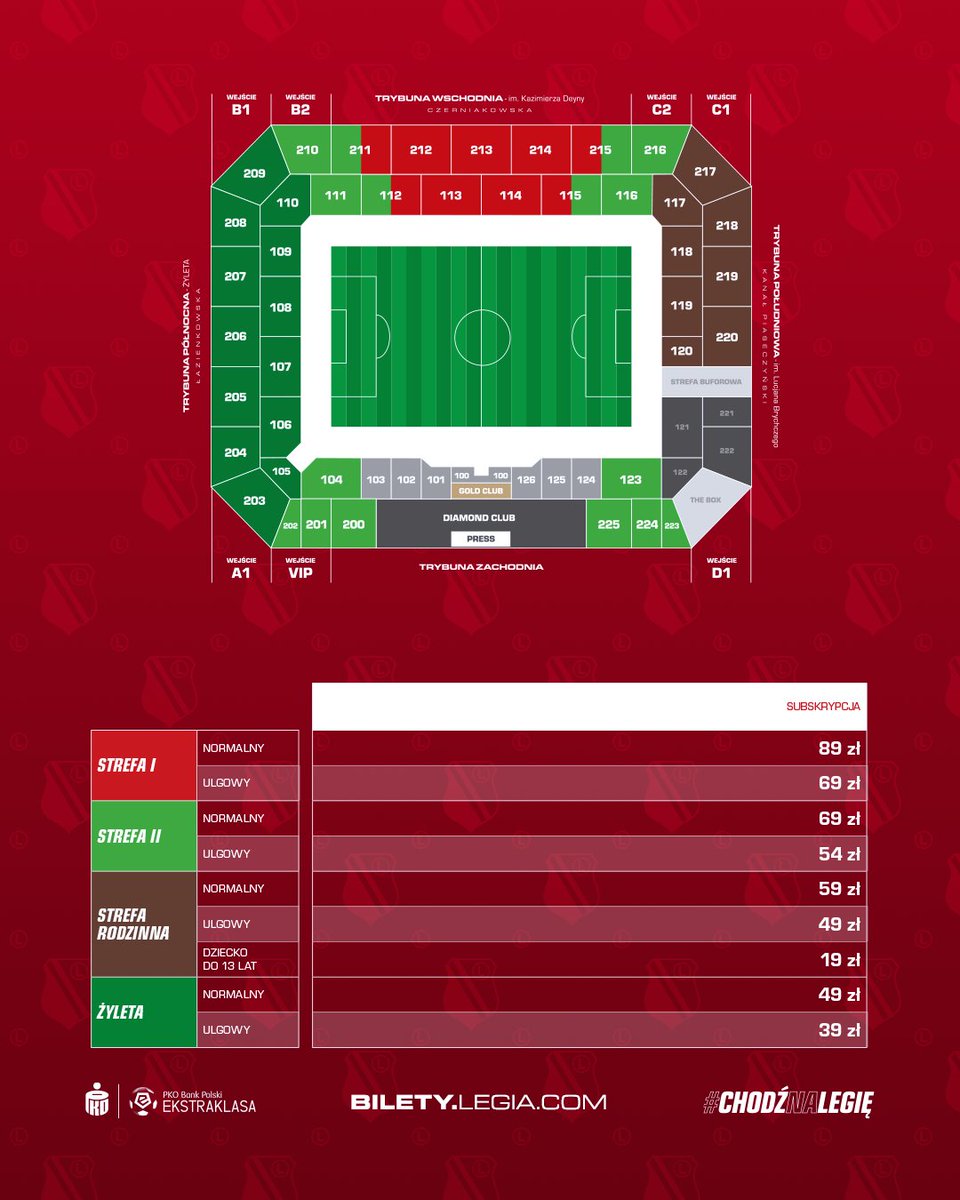 Subskrypcja na Legię to forma miesięcznego abonamentu, w ramach której macie zagwarantowane bilety do odbioru na 48h przed rozpoczęciem otwartej sprzedaży!

Sprawdźcie ceny, nie czekajcie i kupujcie subskrypcje! #ChodźNaLegię ➡️ bilety.legia.com