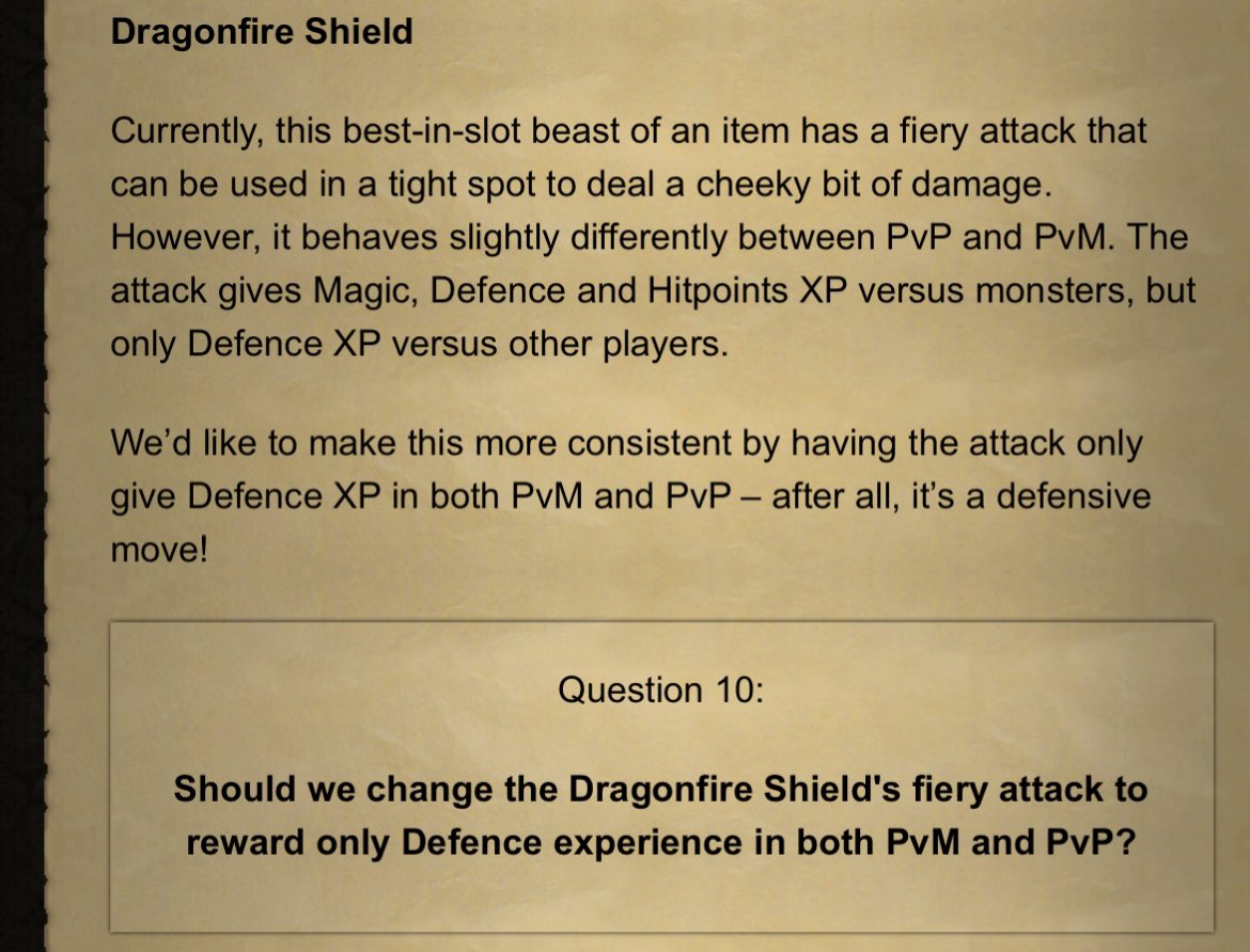 Rendi_Mento's tweet photo. Vote yes so I can do skotizo / Hespori / beneath cursed sands possibly. Or vote no, up to you.

Apparently it was originally supposed to have defence xp on both but they didn’t know how to apply the dragonfire to other NPCs so they turned it to a mage attack? https://t.co/bjllvOy3FI