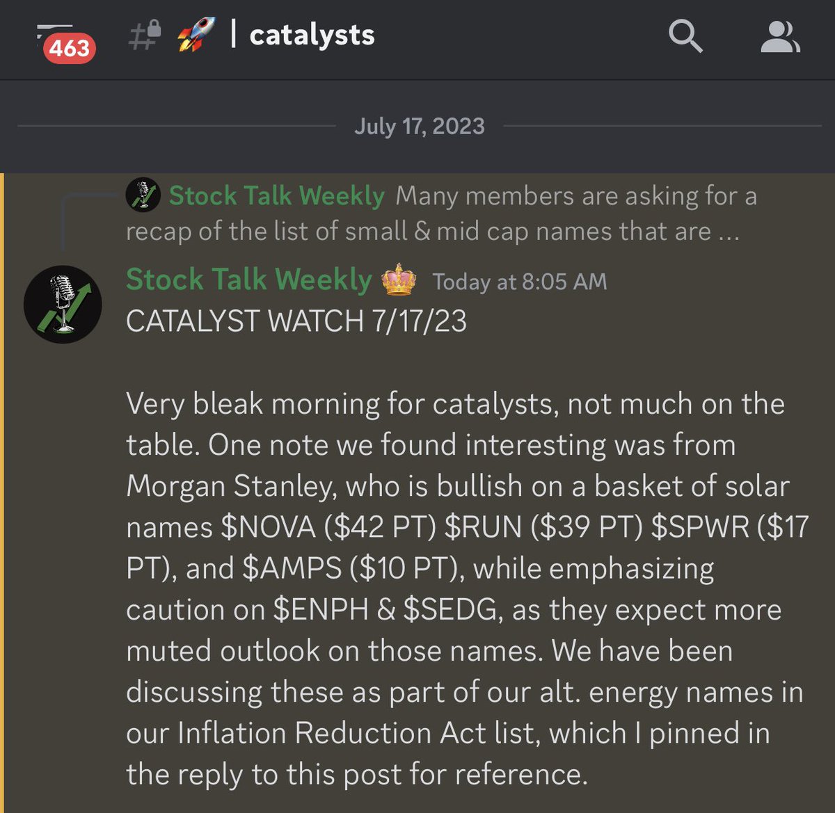 stocktalkweekly's tweet photo. The goal with our daily catalyst watches is to identify spots of outperformance.

In premarket this morning, we highlighted a basket of solar names $AMPS $SPWR $RUN $NOVA BEFORE they had moved at all.

The solar sector is ripping intraday:

$AMPS +12% 
$RUN &amp; $SPWR +8%
$NOVA +5% https://t.co/EA5sXQnDC3