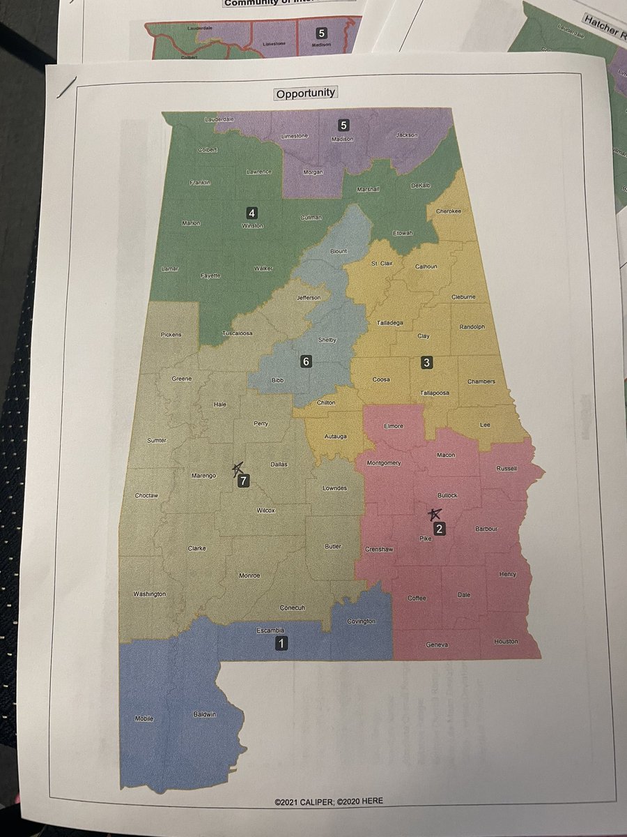 erindavisnews's tweet image. In the reapportionment committee meeting. The following maps were handed out. Pringle says the reapportionment staff narrowed down the options. The VRA plaintiff map was not printed.  (I ⭐️ majority Black voter districts)  #alpolitics
