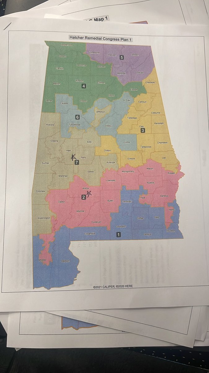 erindavisnews's tweet image. In the reapportionment committee meeting. The following maps were handed out. Pringle says the reapportionment staff narrowed down the options. The VRA plaintiff map was not printed.  (I ⭐️ majority Black voter districts)  #alpolitics