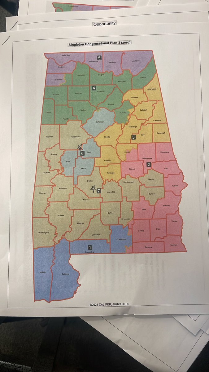 erindavisnews's tweet image. In the reapportionment committee meeting. The following maps were handed out. Pringle says the reapportionment staff narrowed down the options. The VRA plaintiff map was not printed.  (I ⭐️ majority Black voter districts)  #alpolitics