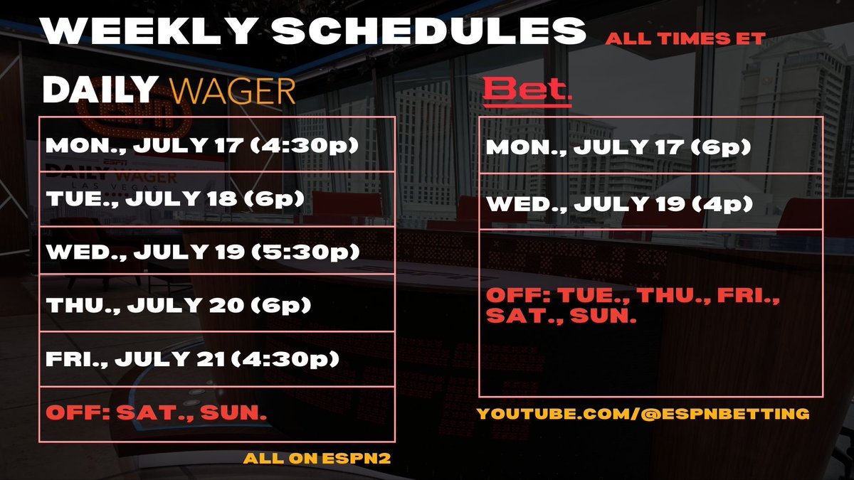 Daily Wager & Bet weekly schedules. 🗒️ Back to 5 days of Daily Wager (times fluctuate) 🗒️ Only 2 episodes of Bet (no Friday)