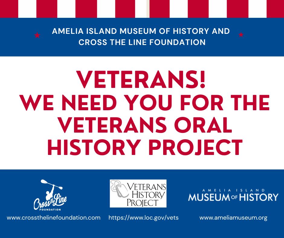 ameliamuseum's tweet photo. The Cross the Line Foundation and the Amelia Island Museum of History are partnering up to gather new oral histories for the Museum’s Veterans History Project! 

For more information, see our Instagram post here:
https://t.co/tHQ2tLaPZu https://t.co/NKYHUR7xPs