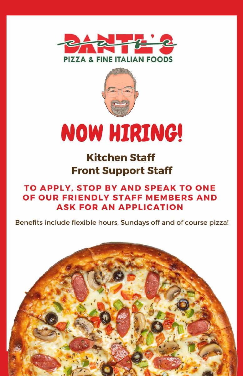 Dante's is hiring! Check out the positions below and stop by to get an application today! #Dantes #hiring #ApplyNow #southeastalabamaworks