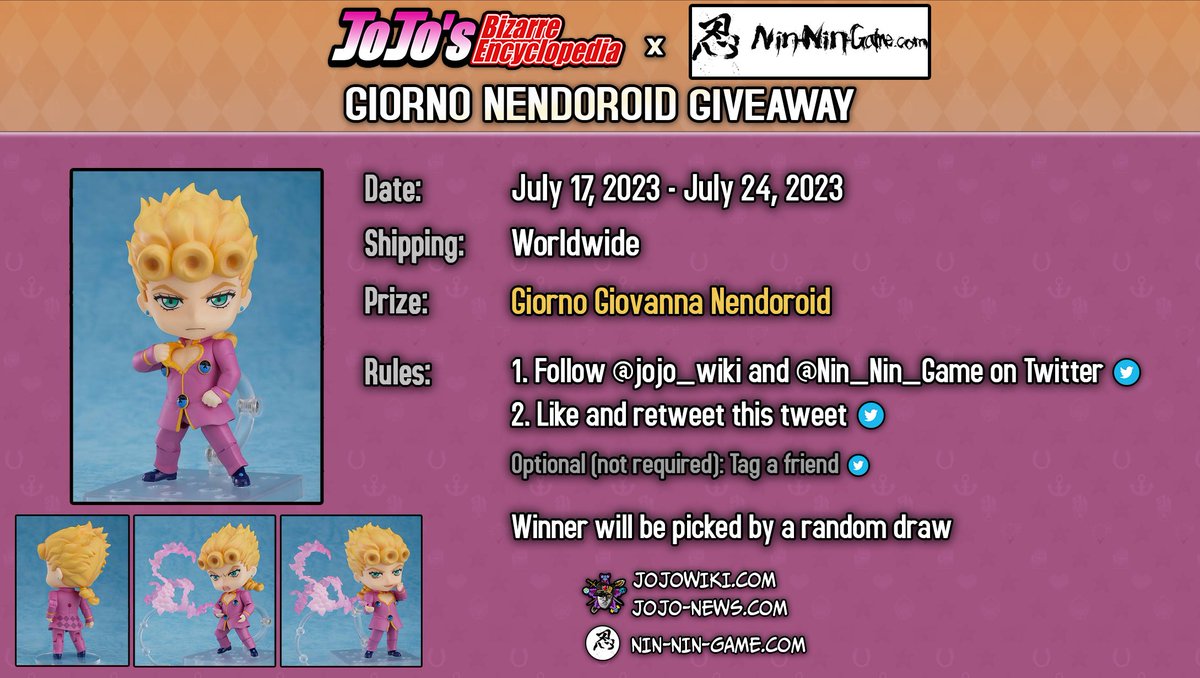 jojo_wiki's tweet photo. We're holding a new giveaway for a Giorno Giovanna Nendoroid figure!
⭐️Follow @jojo_wiki &amp; @Nin_Nin_Game
⭐️Like and Retweet this tweet
⭐️Tag a friend
⭐️Ends in 1 week (July 24, 2023)
Good luck! https://t.co/63WZAwpddV