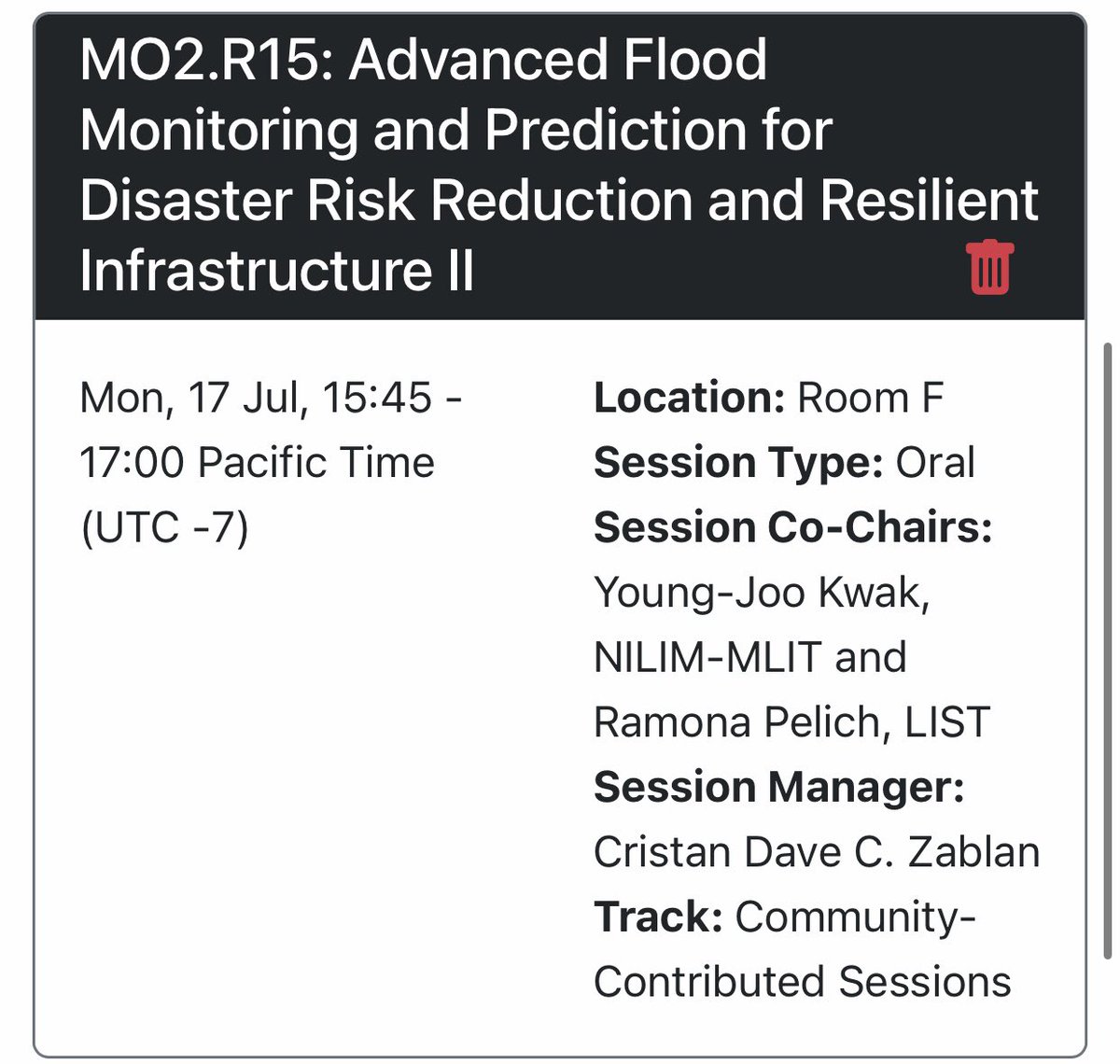 alexsaunderstwt's tweet photo. If you’re at IEEE #IGARSS2023 today, come find me in Room F from 3.45pm for “Advanced Flood Monitoring and Prediction for Disaster Risk Reduction and Resilient Infrastructure”. https://t.co/TIxBtmFX4s