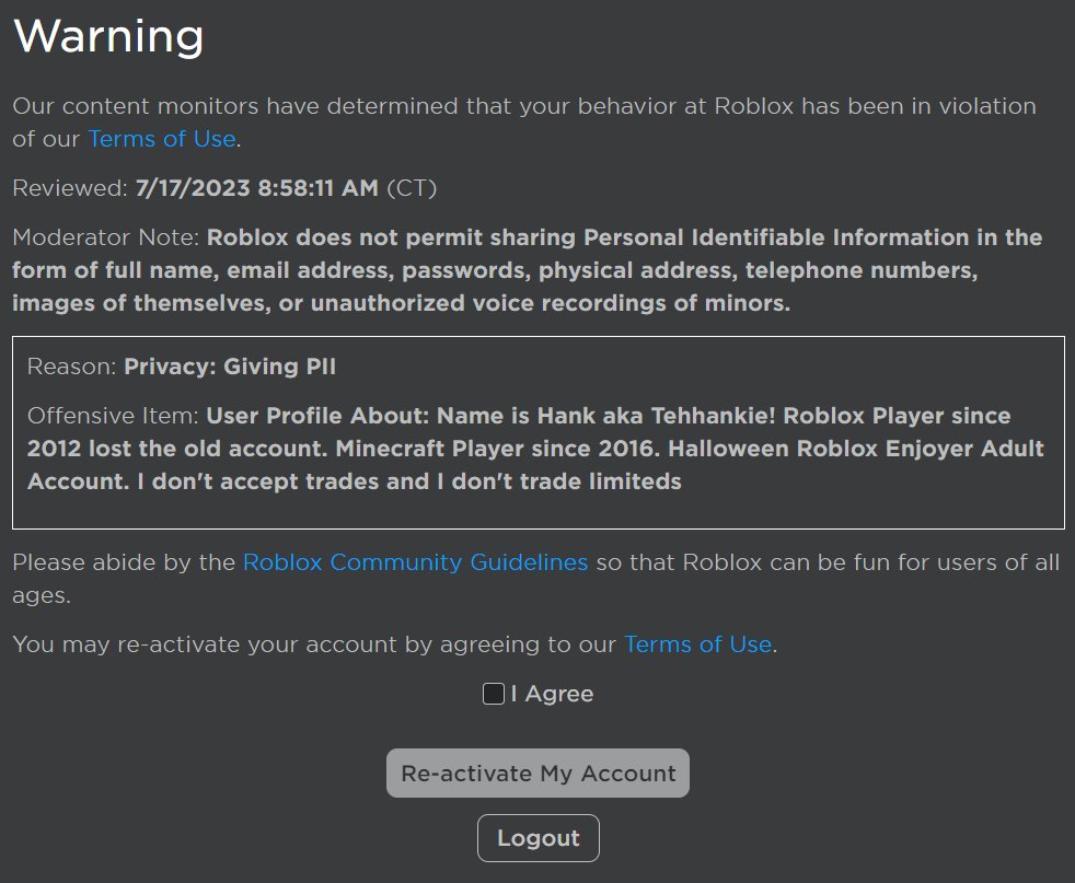 Tehhankie's tweet image. Ummm Roblox are your moderation team okay??? 💀💀
#Roblox #RobloxModeration #FalseBan #RTC