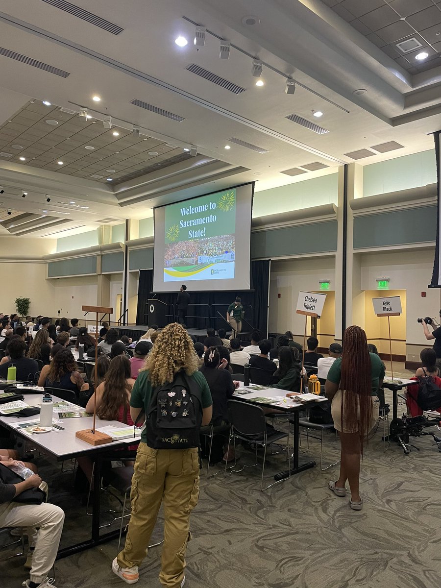 History making day…. President <a href="/DrLukeWood/">Dr. Luke Wood</a> welcomes our new student and their supporters on his first day <a href="/sacstate/">Sacramento State</a>!  “…half of the learning occurs in the classroom and the other half outside, in clubs, organizations, and activities so get involved!” #StingersUp