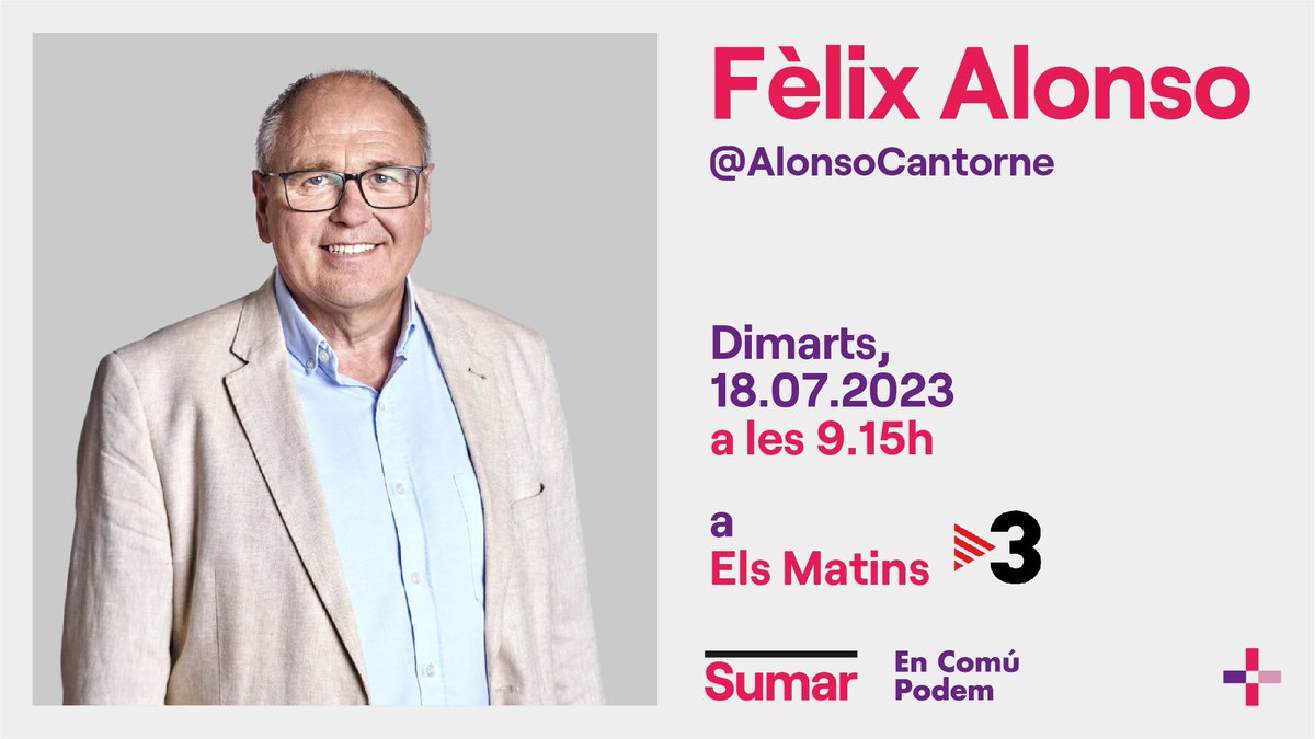 EnComuPodemTGN's tweet photo. ‼️ Demà ☀️

Entrevista a Els Matins de TV3 amb Fèlix Alonso 📺 

📅 Dimarts 18 de juliol
⏰ A les 9.15h 

🔴 Pots seguir-ho EN DIRECTE a:
https://t.co/JM7mxyys4b https://t.co/oW968ZRBDW
